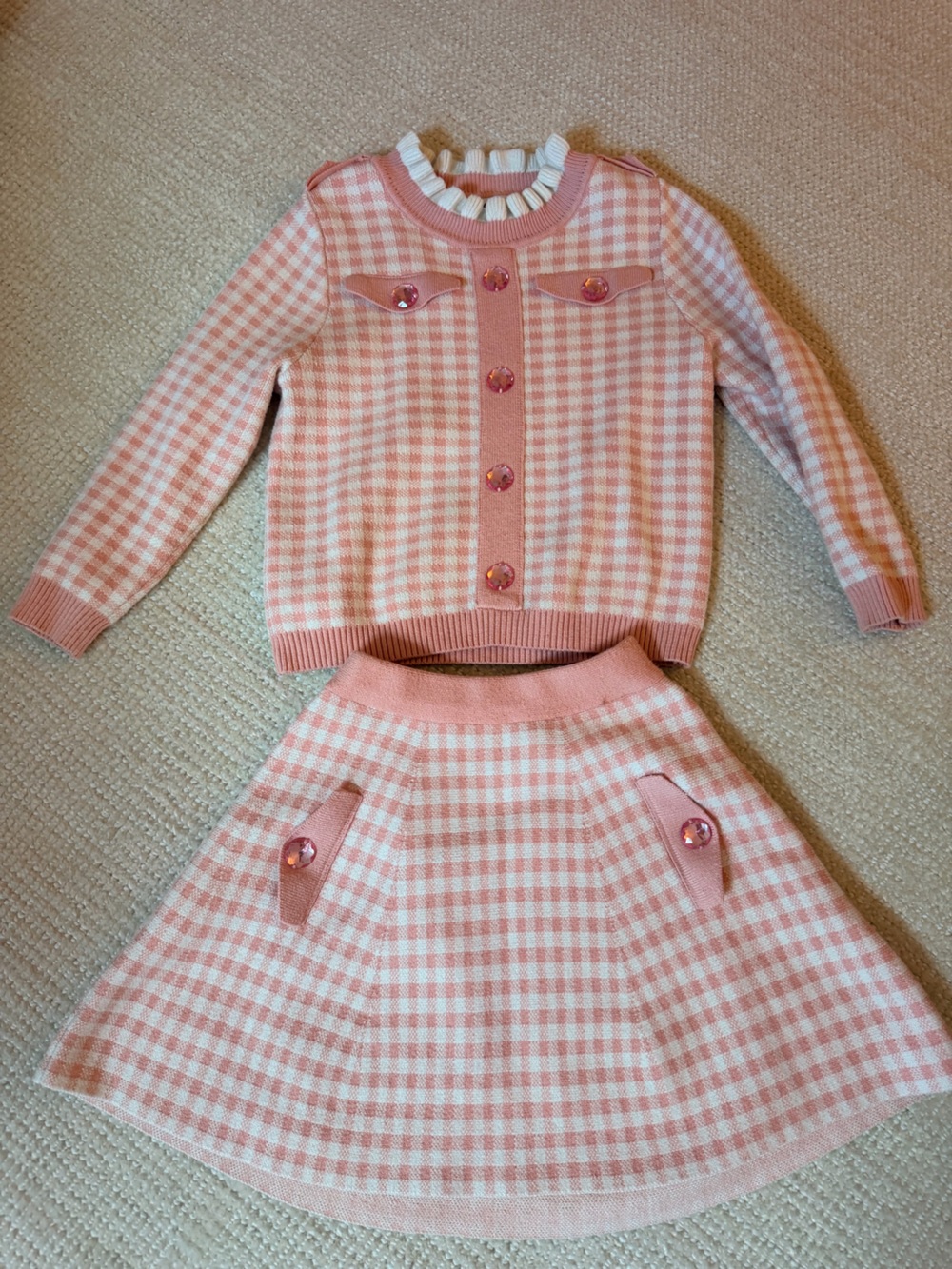 Lola + The Boys Pink & White Gingham Knit Cardigan and Skirt Set